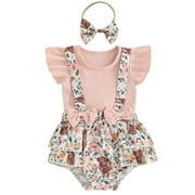 LOUATUI Newborn Baby Girls Outfits Set Solid Tops T-shirt with Flower Suspender Shorts Headband Summer Suit