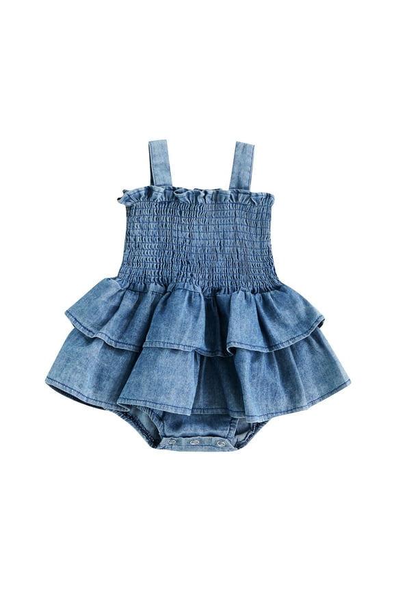 Newborn Baby Girls Rainbow Rompers Sleeveless Summer Ruffle Bodysuit Denim Rib Jumpsuit Headwear 2pcs Outfit  3M 6M 12M 18M