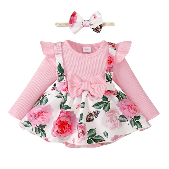 Newborn Baby Girls Romper 3 Months Girls One-piece Bodysuit Flower Print Newborn Girls Long Sleeve Bodysuit with Headband Pink