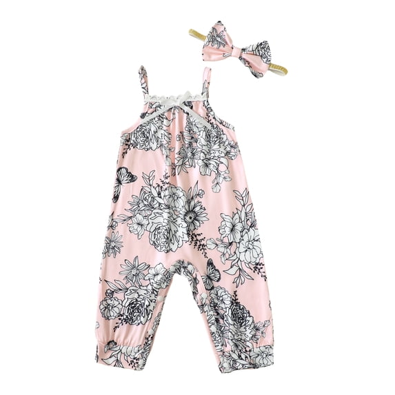Newborn Baby Girls Romper 3 Months Girls One-piece Bodysuit Flower Print Off-the-shoulder Newborn Girls Suspender Bodysuit with Headband Pink