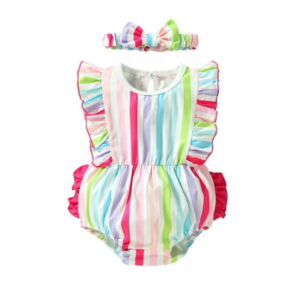 Newborn Baby Girls Romper Colorful Stripe Ruffles Fly Sleeve Crew Neck Jumpsuits Bodysuits with Headband