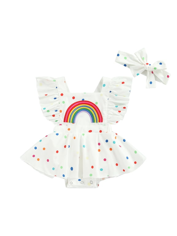Newborn Baby Girls Romper Dress Rainbow Print Fly Sleeve Bodysuit Jumpsuit Infant Summer Clothes