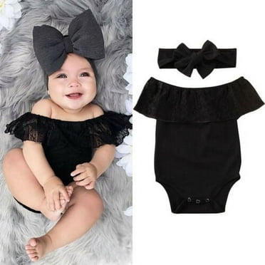Newborn Baby Girls Romper Set Lace Off Shoulder Bodysuit and Bowknot Headband 2Pcs Jumpsuit Outfits Sets