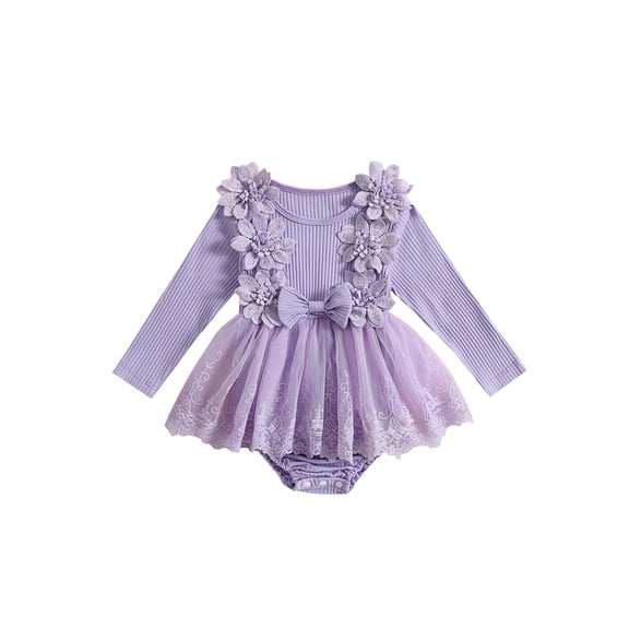 Newborn Baby Girls Romper Tulle Dress Long Sleeve Lace 3D Flower Bodysuit Jumpsuit Dress One Piece Fall Clothes 0-18M