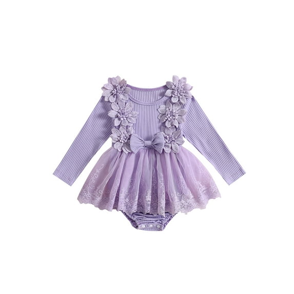 Newborn Baby Girls Romper Tulle Dress Long Sleeve Lace 3D Flower Bodysuit Jumpsuit Dress One Piece Fall Clothes 0-18M