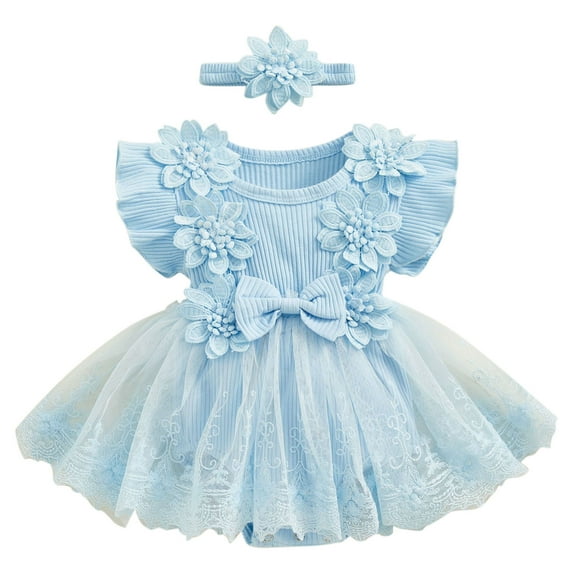 Newborn Baby Girls Rompers Dress Cute Flower Short Sleeve Mesh Tutu Dress with Headband Birthday Princess Dress
