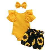 Newborn Baby Girls Ruffle Knit Romper Bodysuit Sunflower Shorts Outfits Clothes 3-6 Months