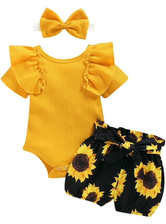 Newborn Baby Girls Ruffle Knit Romper Bodysuit Sunflower Shorts Outfits Clothes 3-6 Months