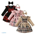 thumbnail image 1 of Newborn Baby Girls Ruffle Long Sleeve Ribbed Romper Top Bowknot Plaid Suspender Skirt Set For 0-18M Infant Girl Winter Dress Outfits, 1 of 11