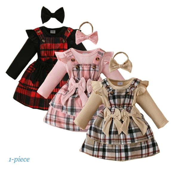 Newborn Baby Girls Ruffle Long Sleeve Ribbed Romper Top Bowknot Plaid Suspender Skirt Set For 0-18M Infant Girl Winter Dress Outfits