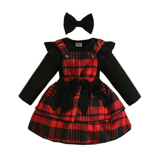 Newborn Baby Girls Ruffle Long Sleeve Ribbed Romper Top Bowknot Plaid Suspender Skirt Set For 0-18M Infant Girl Winter Dress Outfits