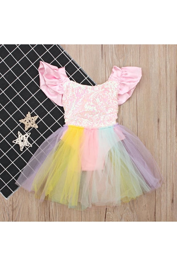 Newborn Baby Girls Sequin Tops Romper Tutu Rainbow Skirt Outfit Clothes