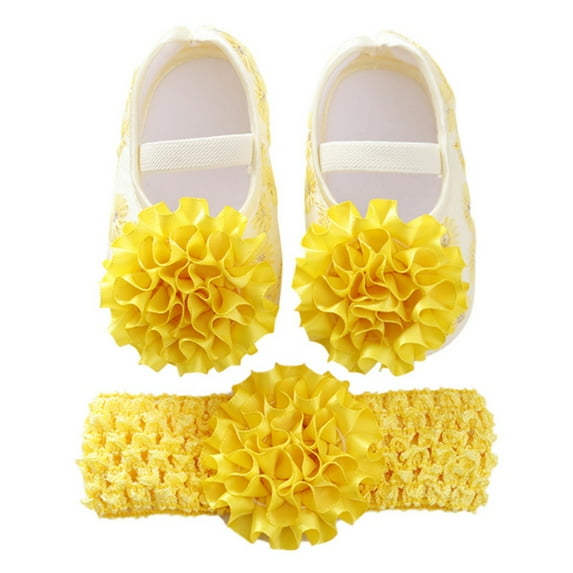 Newborn Baby Girls Shoes Flower Decoration Soft Sole Shoes with Hair Band
