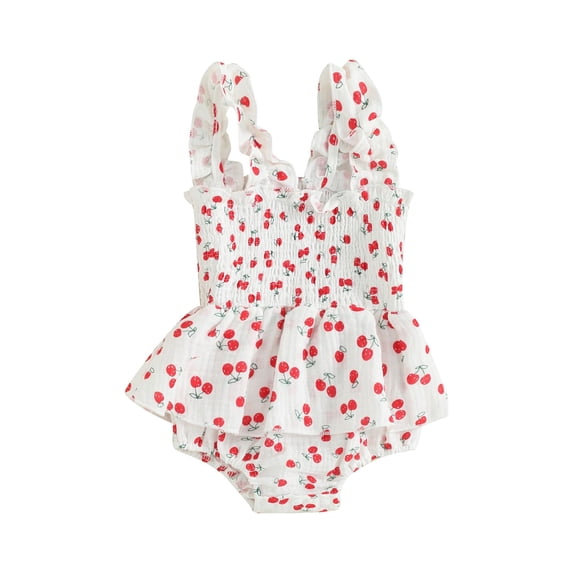 Newborn Baby Girls Sleeveless Romper Dress Square Neck Frill Trim Cherry Print Shirred Tank Top Jumpsuit