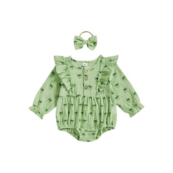 Newborn Baby Girls Spring St Patrick's Day Outfits Ruffle Long Sleeve Bow Print Romper with Headband for Infant Clothes