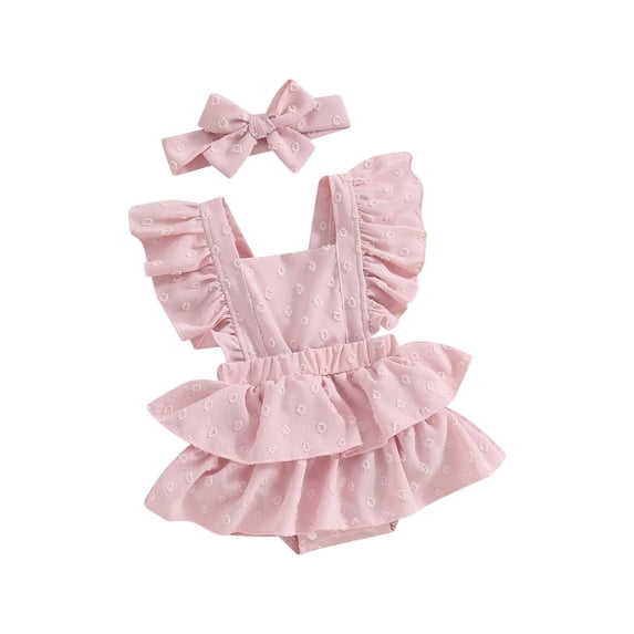 Newborn Baby Girls Summer Outfit, Fly Sleeve Square Neck Swiss Dots Layered Romper Dress with Hairband