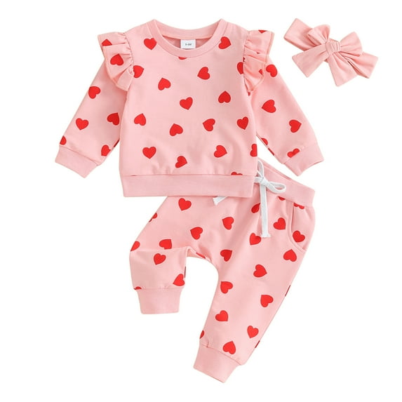 Newborn Baby Girls Valentines Day Sets 6M 12M 18M 24M 3Y Long Sleeve Heart Print Sweatshirt Drawstring Pants Headband Clothing Sets