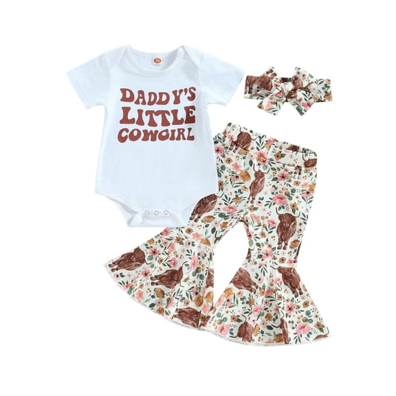Newborn Baby Girls Western Outfit Short Sleeves Sweatshirt Romper Top Flare Pants Headband 3Pcs Summer Cowgirl Clothes Set