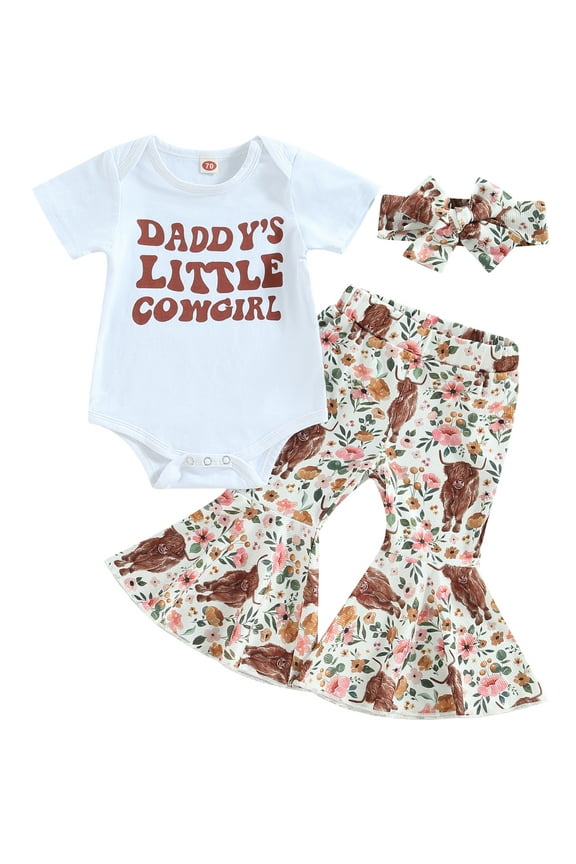 Newborn Baby Girls Western Outfit Short Sleeves Sweatshirt Romper Top Flare Pants Headband 3Pcs Summer Cowgirl Clothes Set