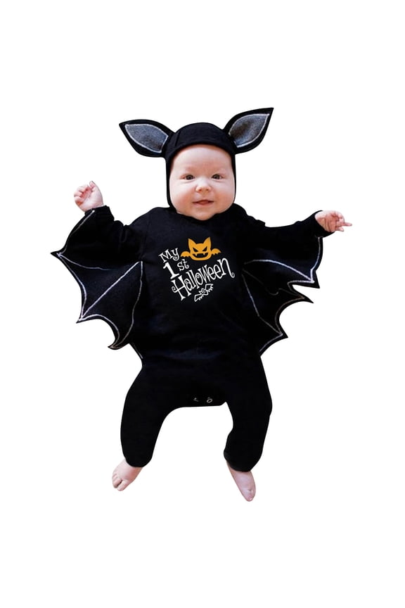 Newborn Baby Halloween Bat Hooded Romper Infant Graphic Print Jumpsuit Playsuit Holiday Outfits Black