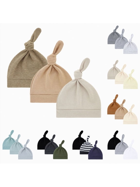 Newborn Baby Hats Infant Beanies Knotted Top Newborn Hats Soft Stretchy Infant Caps for 0-6 Months Baby Boys Girls,3 Pack