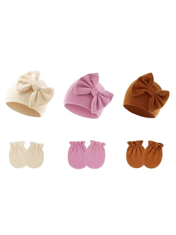 Newborn Baby Hats Mittens Sets Bow Infant Caps Gloves No Scratch Mitten Beanie Set for 0-6 Months Girls