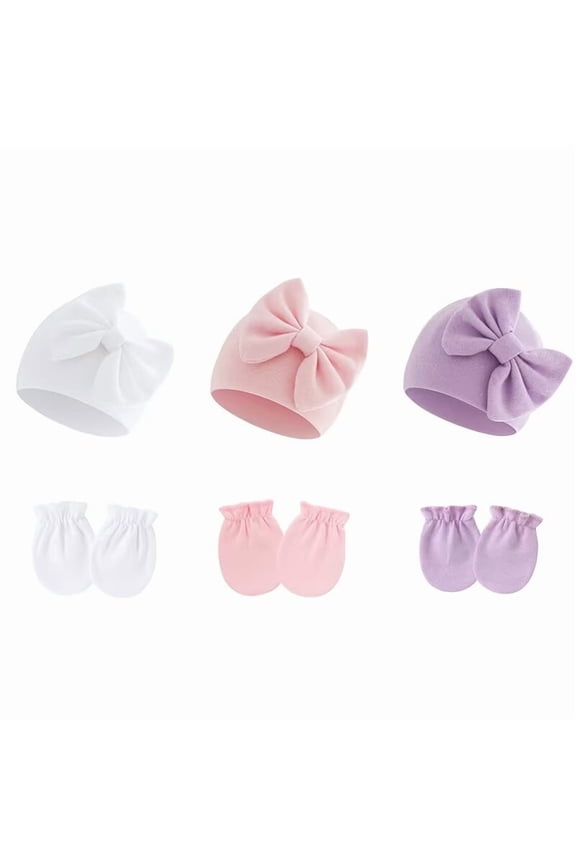 Newborn Baby Hats Mittens Sets Bow Infant Caps Gloves No Scratch Mitten Beanie Set for 0-6 Months Girls