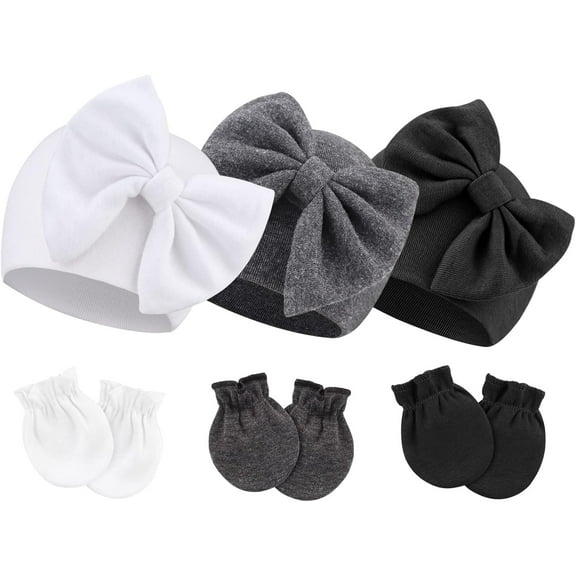Newborn Baby Hats and Mittens Set Infant Bow Beanie Cap Toddler Gloves Newborn Hospital Hats for Baby Boy Girl Kid 0-6 Months