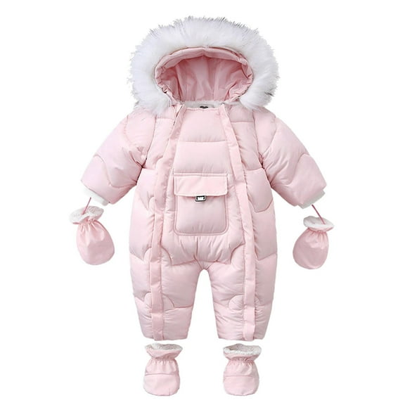 Newborn Baby Jumpsuit Boys Girls Fashion Solid Color Thickening Keep Warm Outdoor Jumpsuit Gloves Foot Cover Set New Casual Winter Jumpsuits Pinks 12 Months