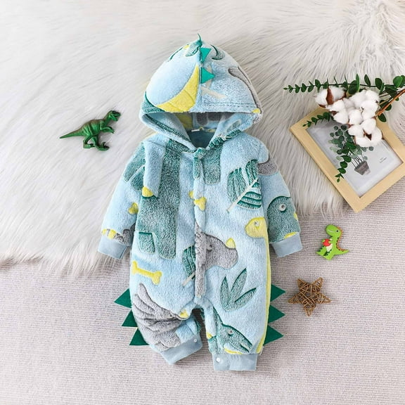 Newborn Baby Jumpsuit Fleece Snowsuit Dinosaur Hooded Romper Warm Cozy One-Piece Winter Outfit for Newborn Boy Girl 0-18M