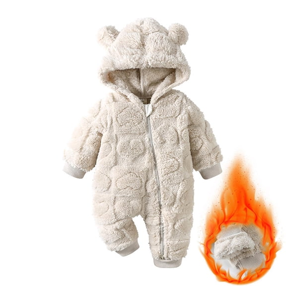 Newborn Baby Jumpsuit Hooded Fleece Rompers Long Sleeve Onesies Outwear Outfits Khaki 3-6 Months