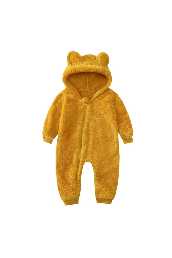 Newborn Baby Jumpsuits Hooded Fleece Rompers Long Sleeve Onesies Outerwear Outfits Baby Jacket Coat Yellow,12-18 Months