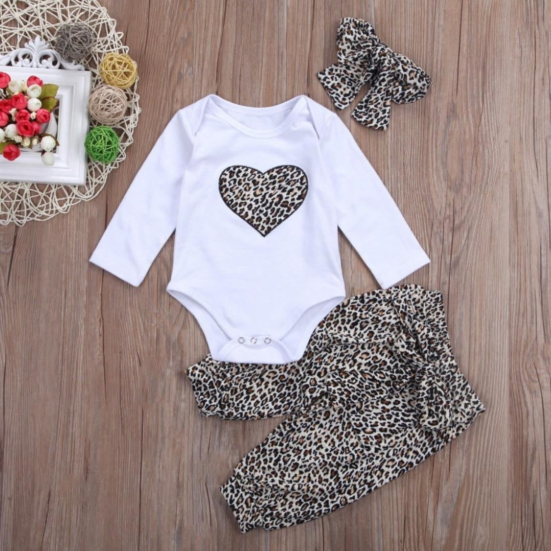 Newborn Baby Kids Girls Clothes Leopard Romper Tops Pants Outfits Set