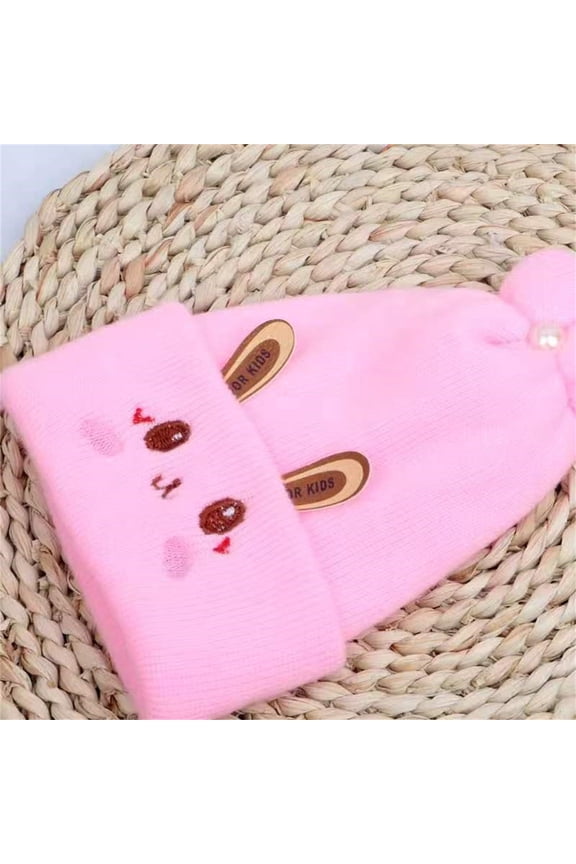 Newborn Baby Knitted Beanie, Thickened Double-Layer Warm Hat for Infants 0-6 Months, Cute Cartoon Beanie for Autumn Winter, Cold Weather Protection, and Photoshoot Outfits-Pink