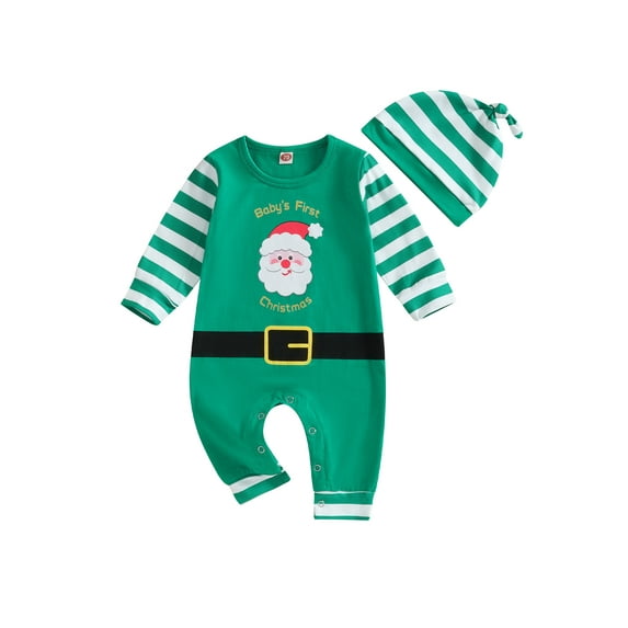 Newborn Baby My First Christmas Outfit Boy Girl 3 6 12 18 Months Santa Claus Long Sleeve Jumpsuit Romper with Hat 2Pcs Clothes Set