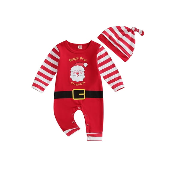 Newborn Baby My First Christmas Outfit Boy Girl 3 6 12 18 Months Santa Claus Long Sleeve Jumpsuit Romper with Hat 2Pcs Clothes Set