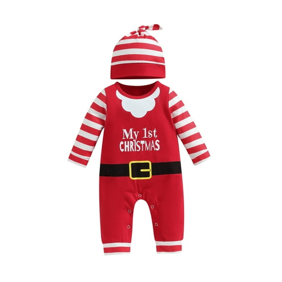 Newborn Baby My First Christmas Outfit Boy Girl 3 6 12 18 Months Santa Claus Long Sleeve Jumpsuit Romper with Hat 2Pcs Clothes Set