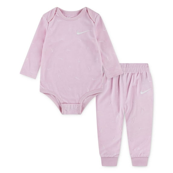 Newborn Baby Nike Velour Long Sleeve Bodysuit and Sweatpants 2-Piece Set Color: Pink Foam Size: NEWBORN