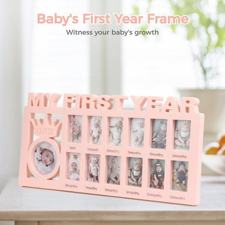 Newborn Baby Picture Frame, My First Year Newborn Keepsake Frame 12 Months, Baby Shower Gift Photo Frame for Memories, Pink