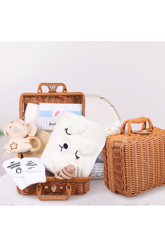 Newborn Baby Present Set 9 in 1 Set Bodysuit Hosiery Bib Towel Rattle Toy and&nbsp;Doll Birth Plaque Welcome Card Baby Birth Present with Storage Basket
