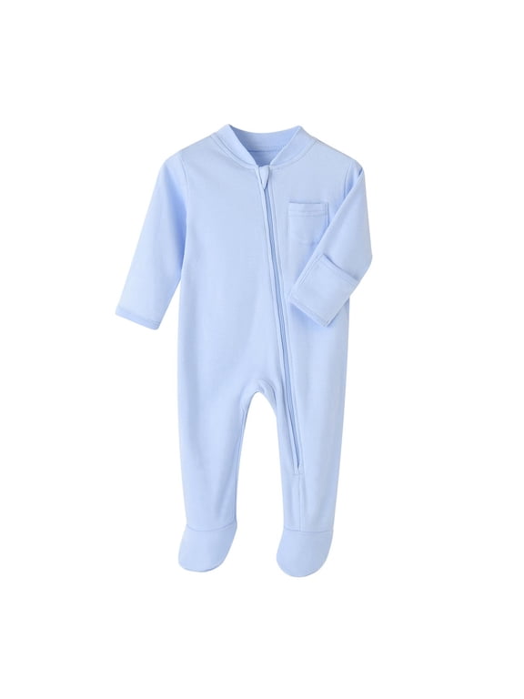 Newborn Baby Romper Boys Girls Zipper Long Sleeve Bodysuits Infant Solid Color Onesie Jumpsuit Clothes with Pocket 3-18Monthes