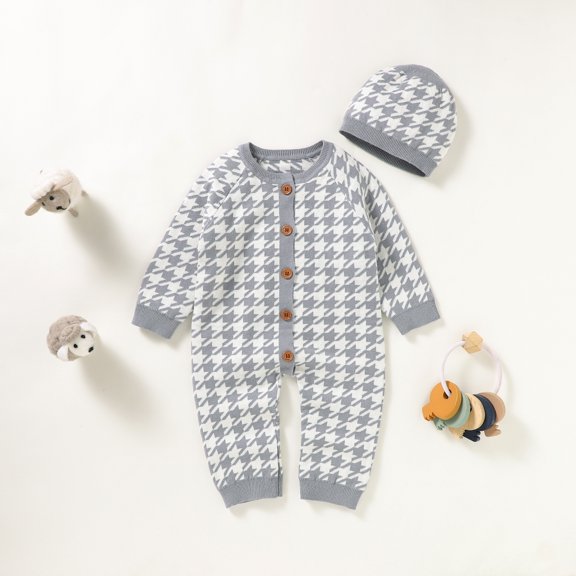 Newborn Baby Romper Cotton Knitted Infant Girls Playsuit Hat 2PCS Toddler Boys Kids Clothing Long Sleeve Autumn Houndstooth Set