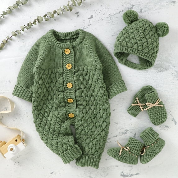 Newborn Baby Romper Shoes Gloves Set Knit Girl Boy Jumpsuit Boot Mitten Solid Toddler Infant Long Sleeve Clothing 4PC Fall 0-18M