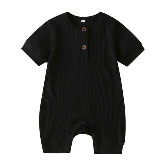 Newborn Baby Short Sleeve Jumpsuit Solid Color Knit Rib O Neck Button Romper