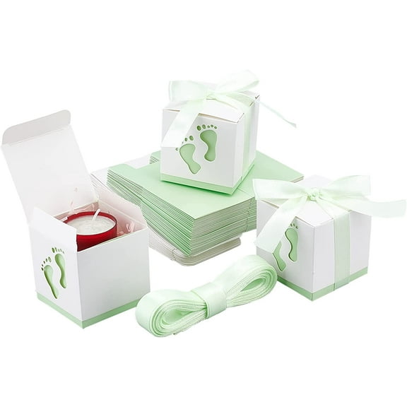 Newborn Baby Shower Candy Box 30pcs Footprints Folding Boxes Paper Gift Box Baptism Candy Container with Ribbon Party Table Decor Birthday Party Wedding Gift Favor Green 2.4 Inch