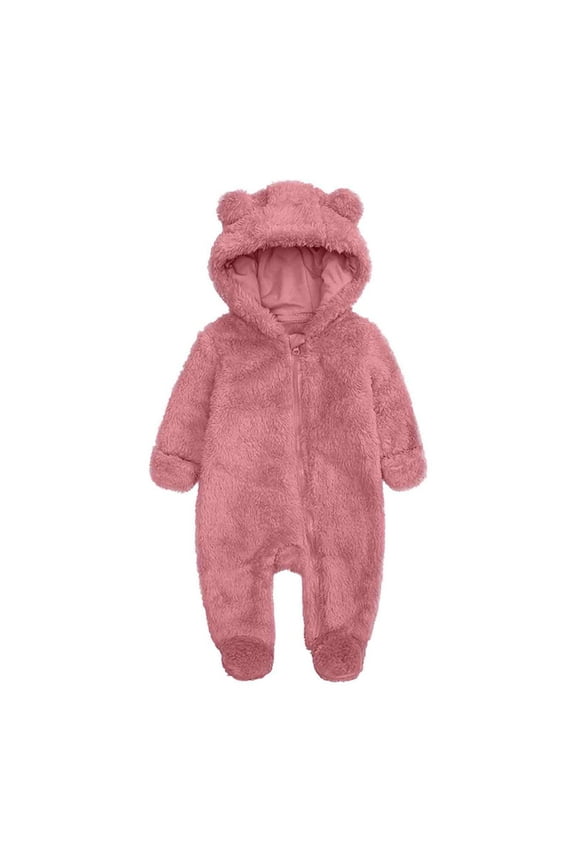 Newborn Baby Solid Hooded Jumpsuit Warm Fleece Sherpa Winter Romper Onesie Fuzzy Infant Bear Ear Hooded Snowsuit for Boys Girls
