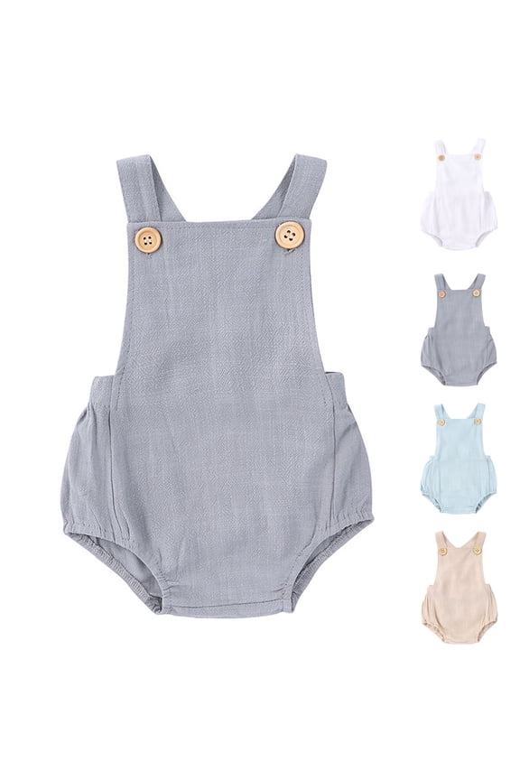 Newborn Baby Summer Romper Unisex Solid Color Button Jumpsuit Sleeveless Backless Overalls Outfits White
