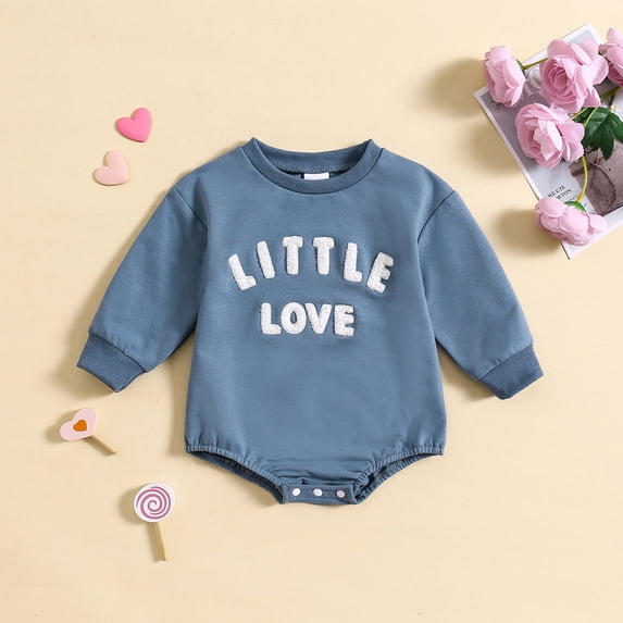 Newborn Baby Sweatshirt Long Sleeve Crewneck Letter Embroidery Romper Infant Boys Girls Spring Fall Soft Onesie Outfits Blue 3-6 Months