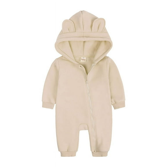 Newborn Baby Thickened Jumpsuit Hoodie Fall Winter Solid Color Jumpsuit for Men and Girls 0-24M