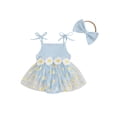 thumbnail image 1 of Newborn Baby Toddler Girl Romper Dresses Outfit, 3 6 9 12 18 Months Sleeveless Flower Print Tulle Patchwork Romper Dress with Bowknot Hairband Summer Clothes, 1 of 9